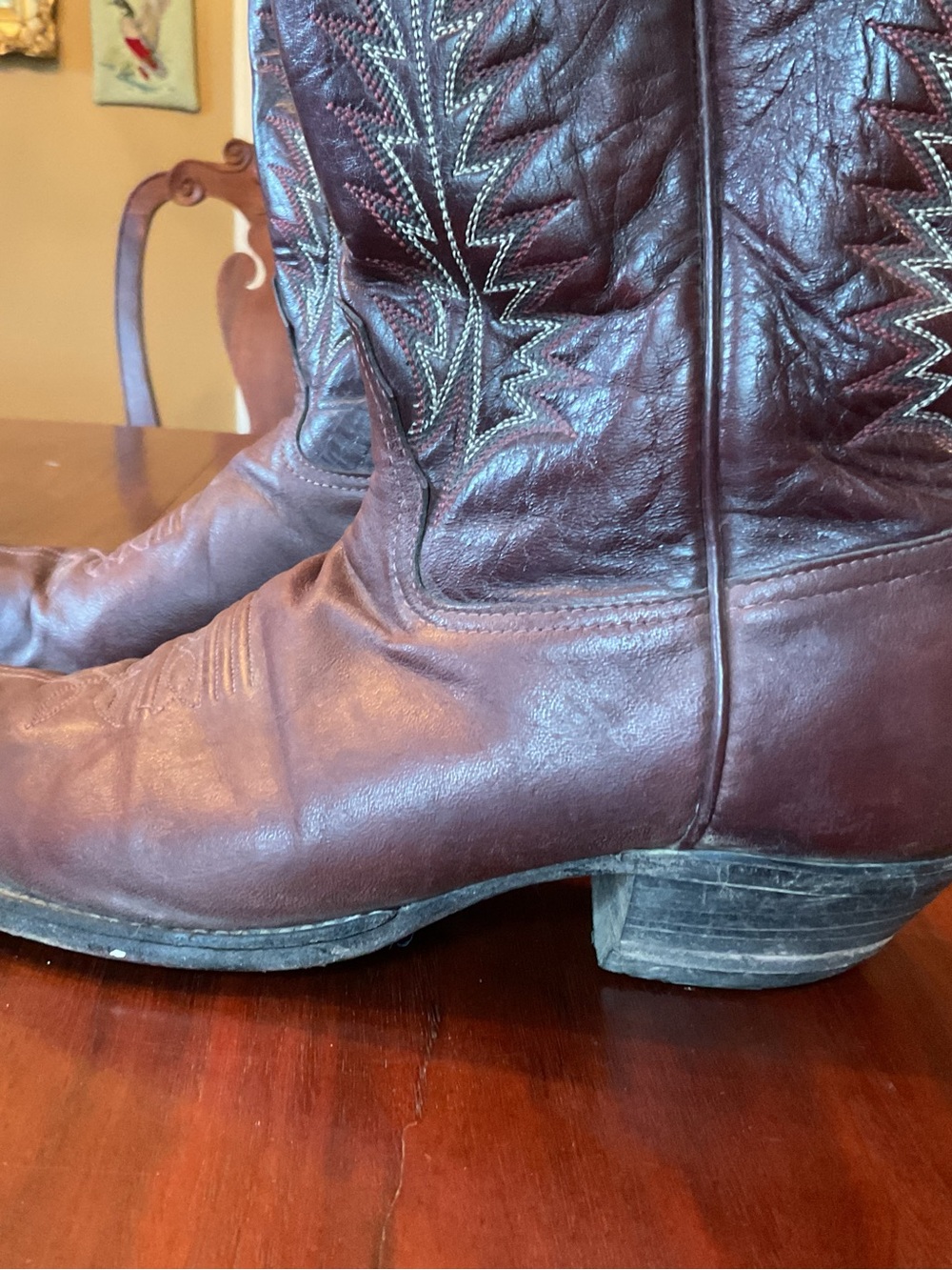 Tony Lama Burgundy Leather Western Boots with Decorative Stitching - Picture 8 of 11